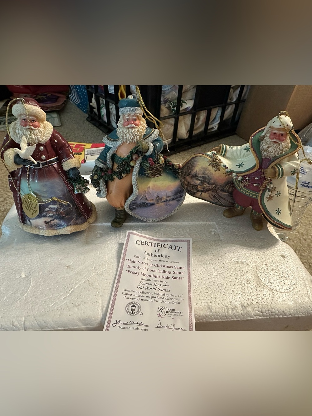 Thomas Kinkade Old World Santa Trio in Blue, Cream, and Burgundy